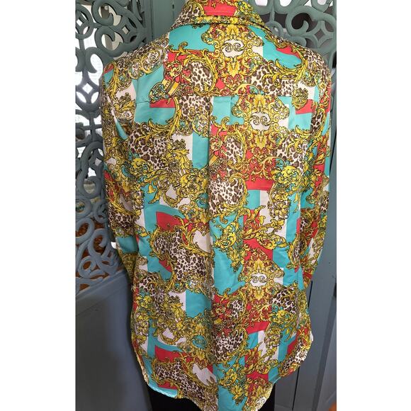 DEMOCRACY Button Front Blouse-Top-Graphic Print-Silky-Cheetah-Long Sleeve-Size L - Picture 4 of 8